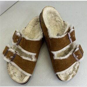 Birkenstock Brown Shearling-Lined Two-Buckle Slide Sandals